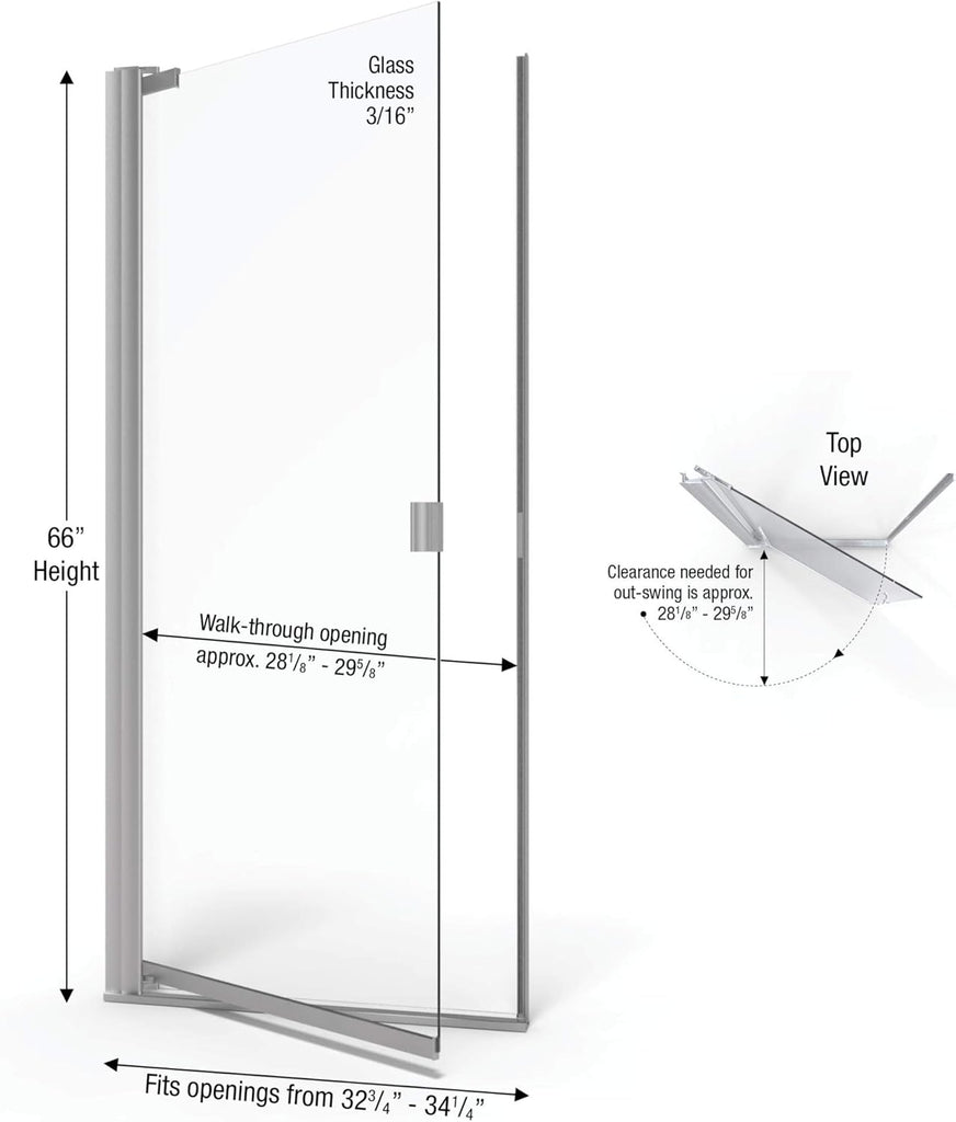 Armon 32.75 to 34.25 in. width, Semi-Frameless Pivot Shower Door, Clear Glass, Brushed Nickel Finish