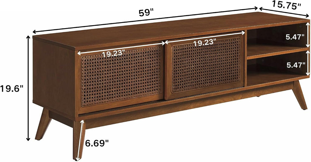 Mid Century Modern Rattan TV Stand for 65 Inch TV,59" Boho Media Console with Sliding Doors & Open Shelves,Solid Wood