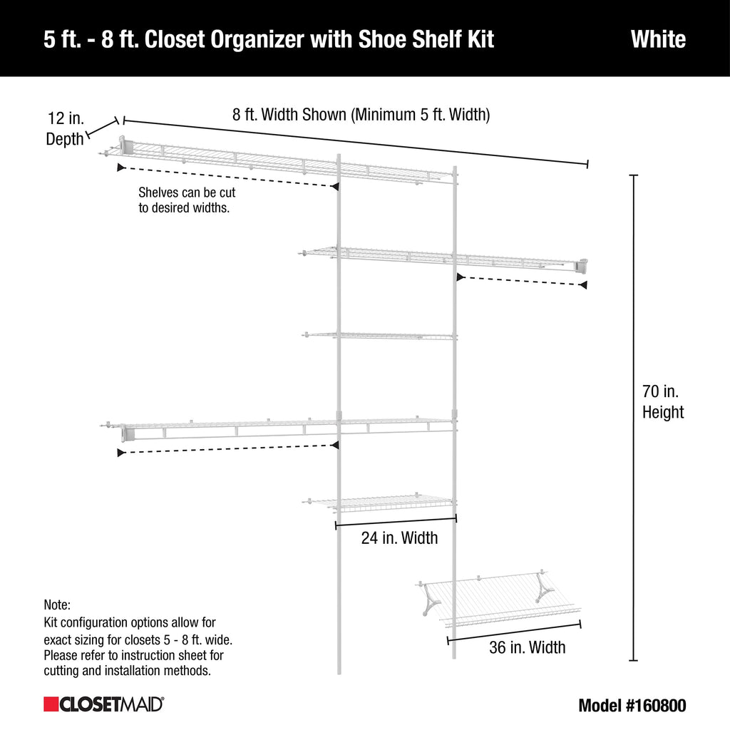 1608 Closet Organizer Kit with Shoe Shelf, 5-Foot to 8-Foot, White