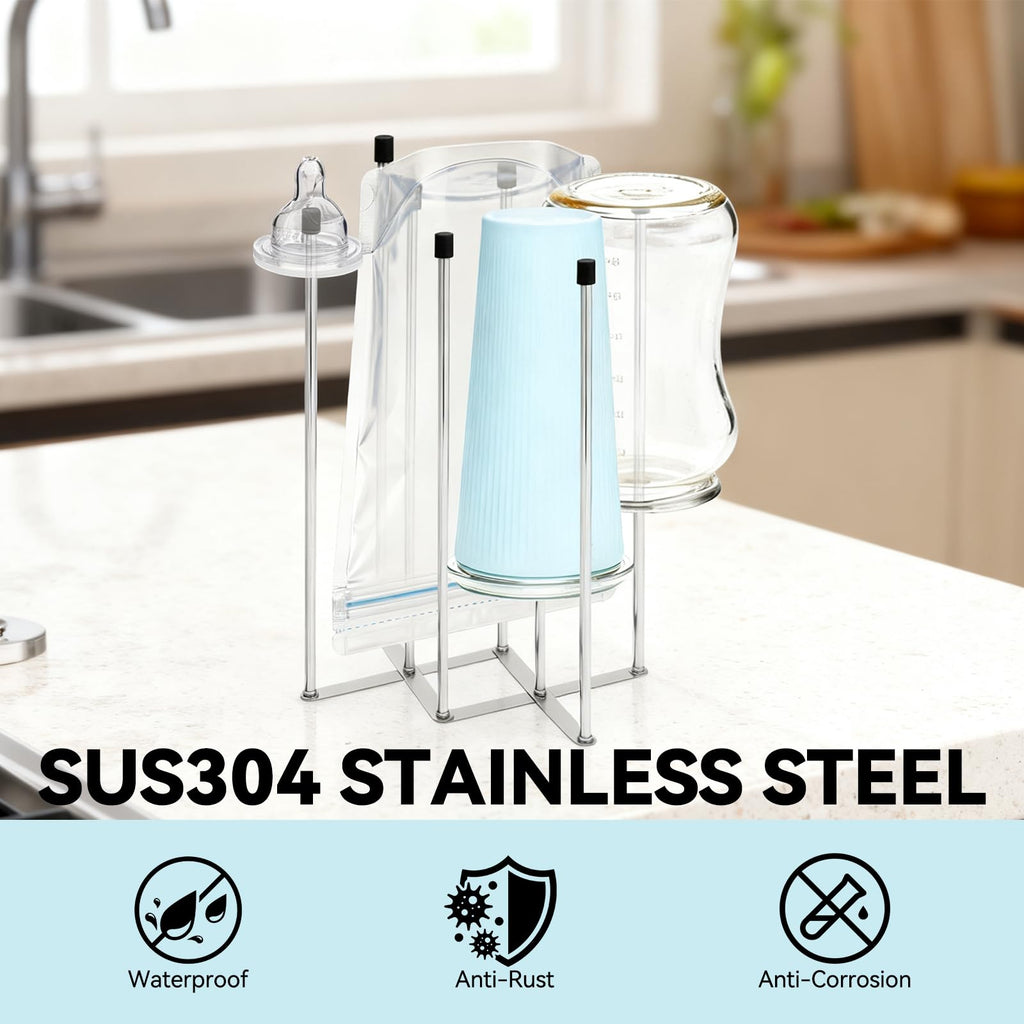 Foldable Baby Bottle Drying Rack, 8-Pole Stainless Steel Collapsible Dryer for Bottles, Cups and Reusable Bags