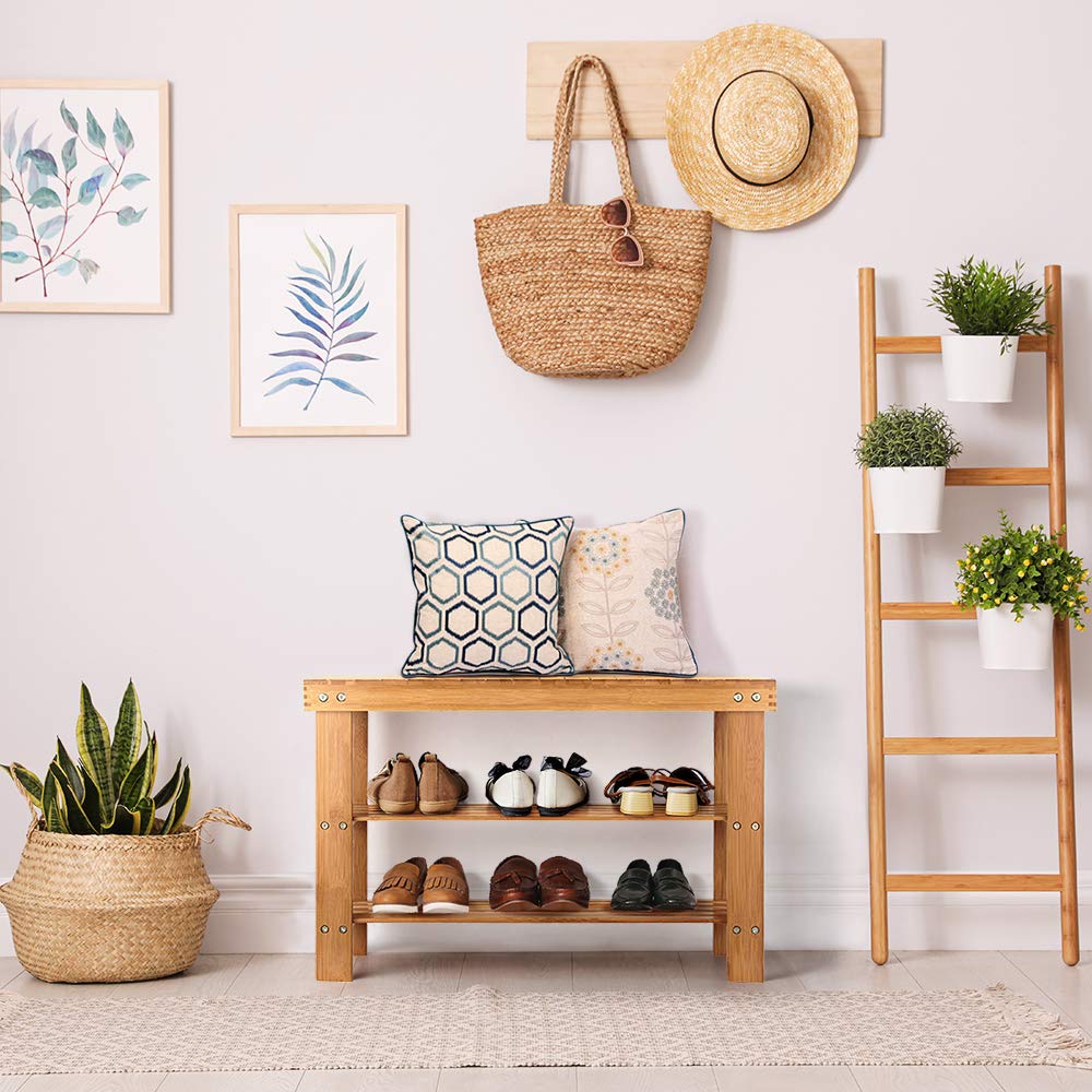 Pure Natural Bamboo Shoe Rack Bench, 3-Tier Shoe Organizer Shelf with Seat, Storage Stool, Shoe Storage Organizer