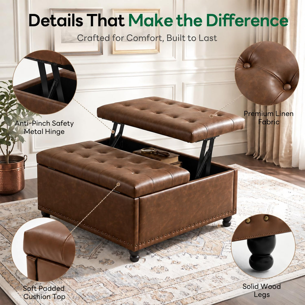 35.5 Inch Large Square Ottoman with Storage, Lift Top, Brown