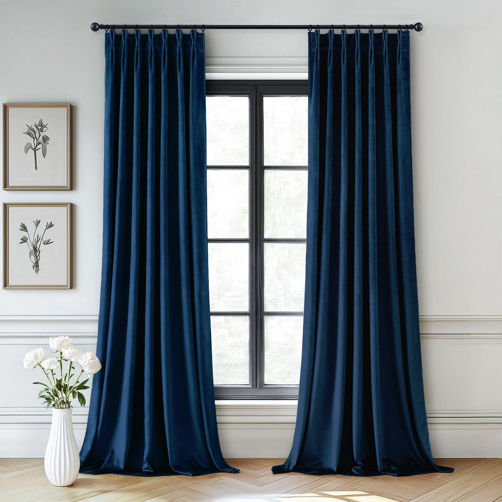Velvet Pinch Pleated Blackout Navy Blue Curtains 40x96 Inches