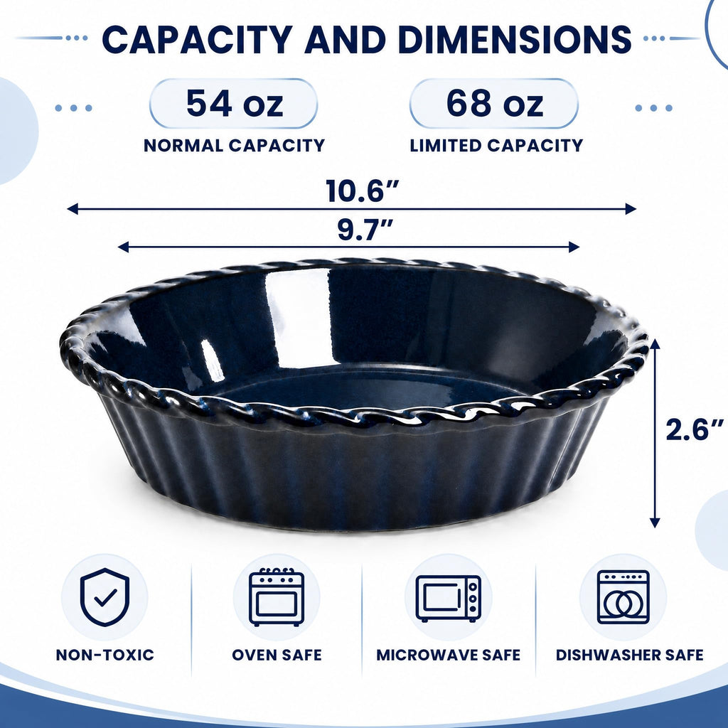 2 Pack Ceramic Pie Pans, 10 Inch Deep Fluted Pie Plate, 54 Ounce Round Baking Dish for Quiche, Apple Pecan Pie, Pot