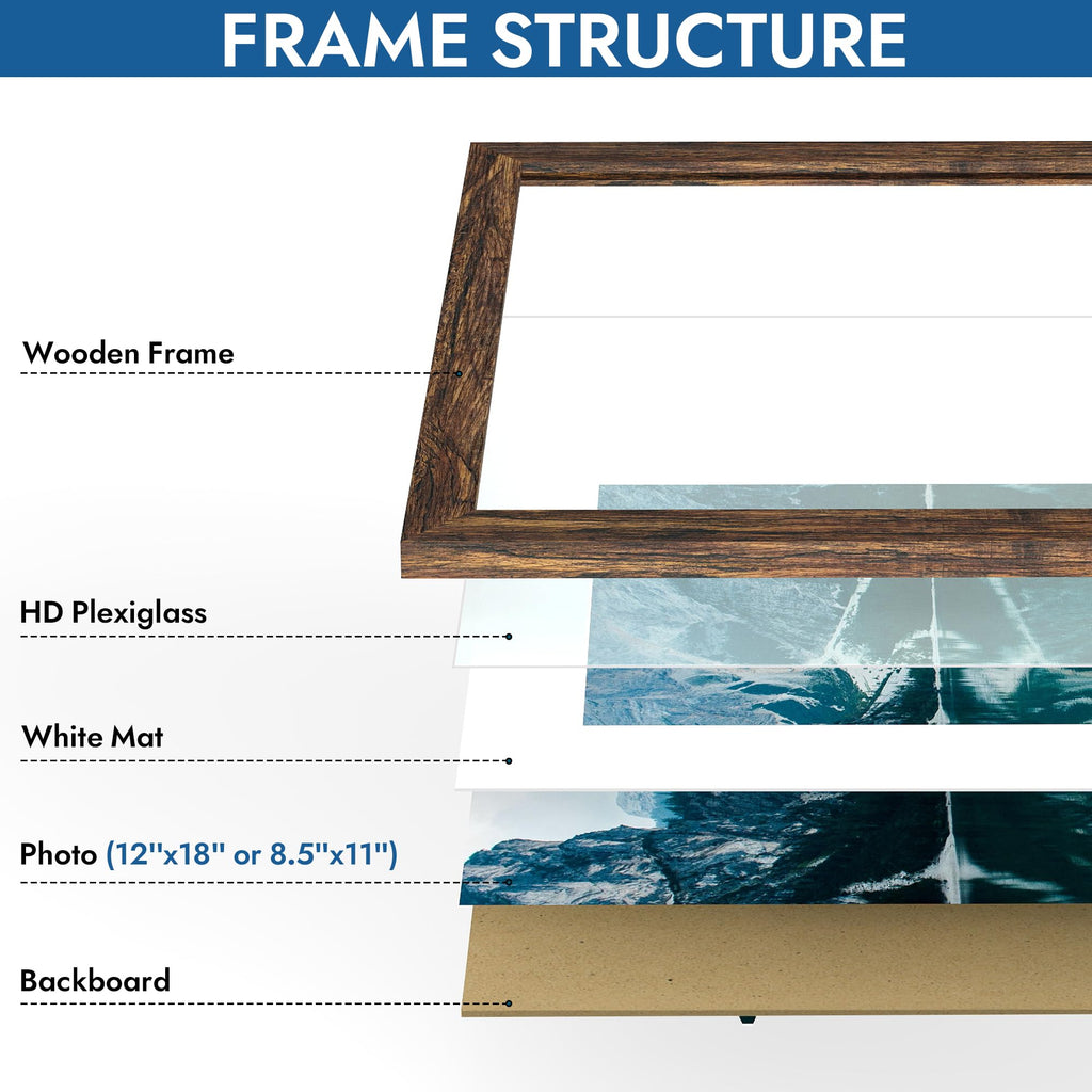 12x18 Picture Frame Set of 4, 12 x 18 Rustic Brown Wood(Mat 8.5x11)