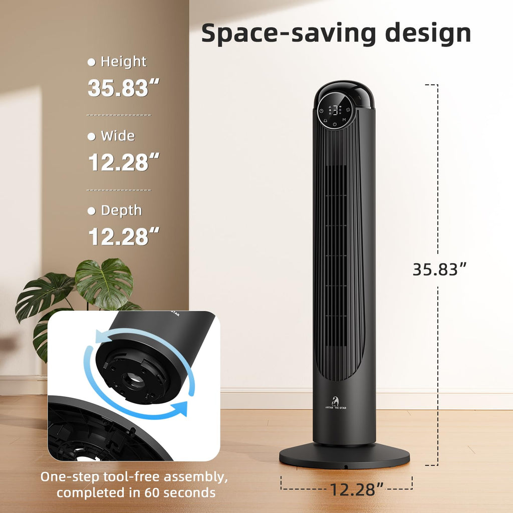 T36 Tower Fan, 36 Inch DC Brushless Motor Bladeless Oscillating Fan with Remote, 6 Speeds & 4 Modes,LED Display, 9H