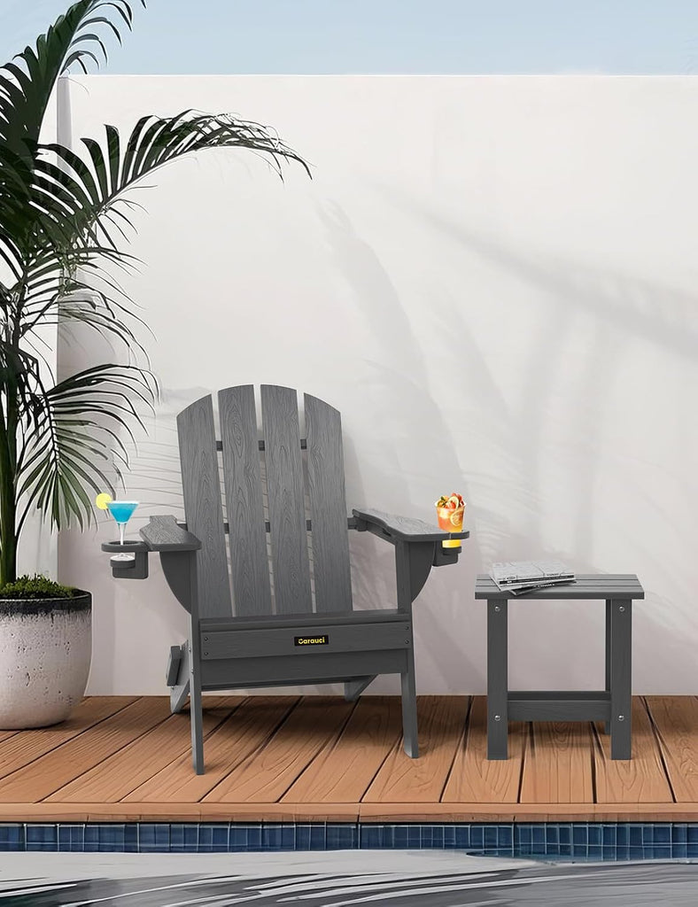 Folding Adirondack Chair, Wooden Textured Plastic Adirondack Chairs with 2 Cup Holder, Weather Resistant HDPE Fire