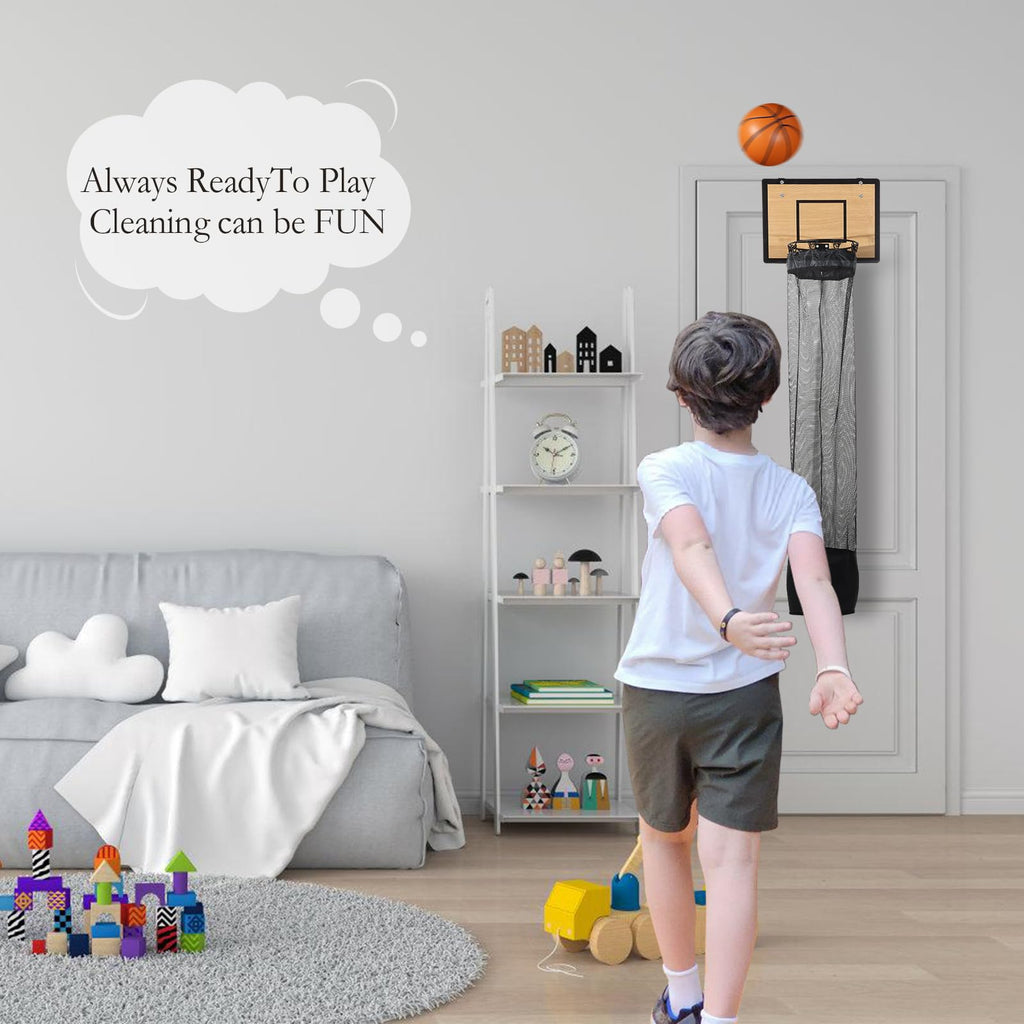 Over the Door Basketball Hoop Laundry Basket, Wooden Basketball Laundry Hamper with Zipper for Kids Room, Dorm