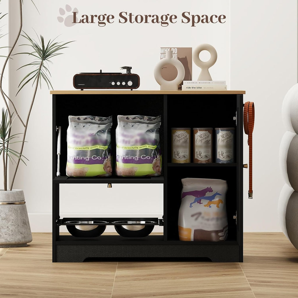 Dog Feeding Station with with 2 Elevated Dog Bowls, Dog Food Storage Cabinet with with Storage and Hooks, Hidden Pet