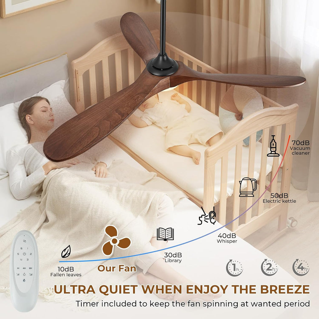 Inspired Maverick Style 52" Wood Ceiling Fan with Light and Remote, 3 Dark Walnut Blades, Reversible DC Motor, Indoor/Outdoor - Matte Black