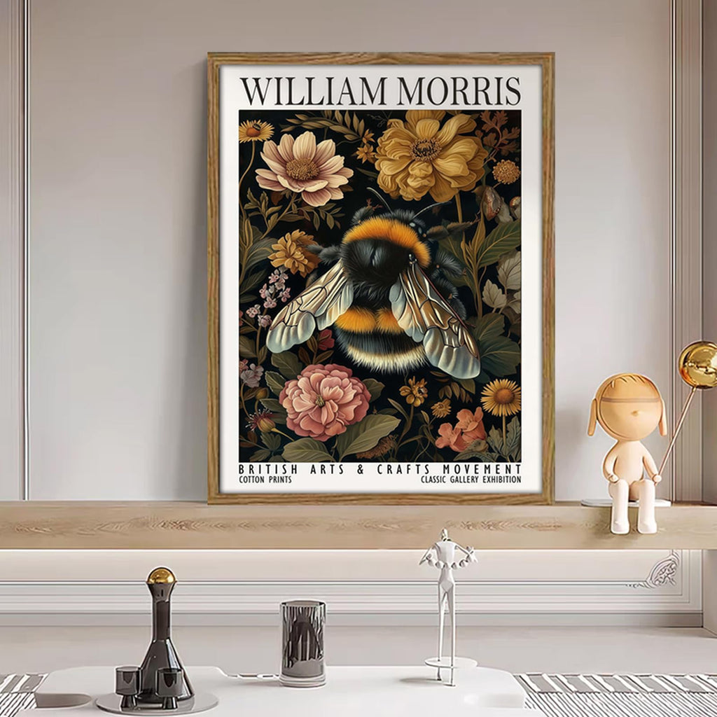 Framed William Morris Style Bee and Floral Wall Art Vintage Insect Print with Wooden Frame Gallery Paniting Poster