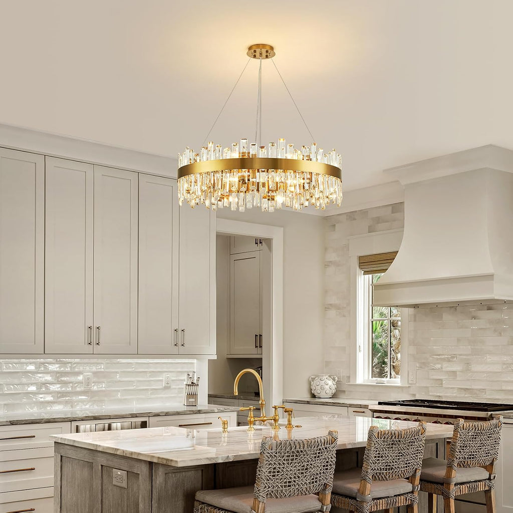 16-Light Modern Crystal Chandelier, Large Gold Round 2-Tiers K9 Crystal Chandelier, Luxury Flush Mount Crystal