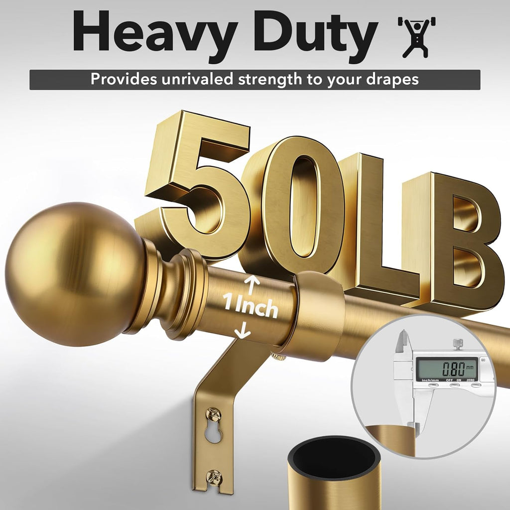 Brush Gold Curtain Rods for Windows, 1 Inch Brass Heavy Duty Curtain Rods Adjustable and Easy