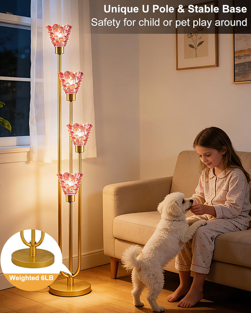 4-Light Modern Glass Floor Lamp, Gold Tall Standing Lamp with Deep Red Flower Glass Shade, Dimmable LED Floor Lamp