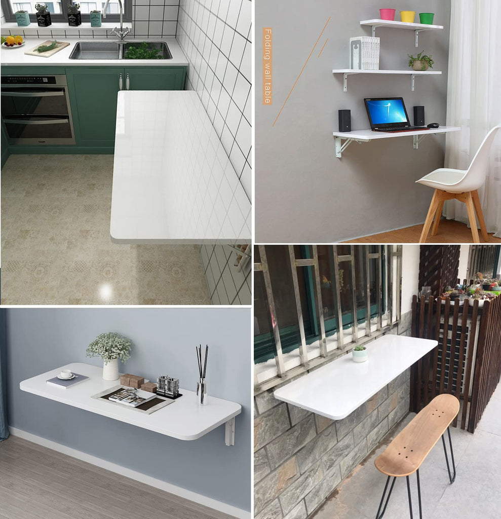 Wall Mounted Folding Table, White Floating Desk for Small Spaces, Stainless Steel Bracket Laundry Folding Table, Wall