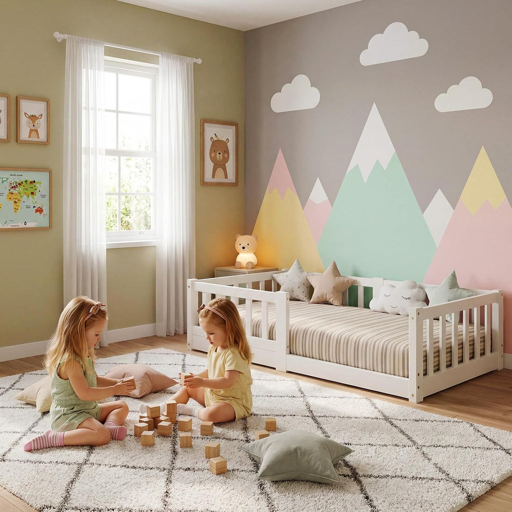 Toddler Bed, Toddler Floor Bed with Safety Guardrails, Wood Montessori House Bed with Roof, Low Toddler Bed Frame