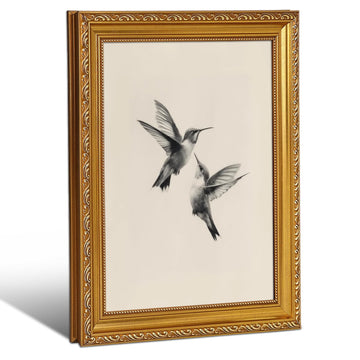 Hummingbird Gold Framed Wall Art, Vintage Black White Bird Art, 16x24 Inch