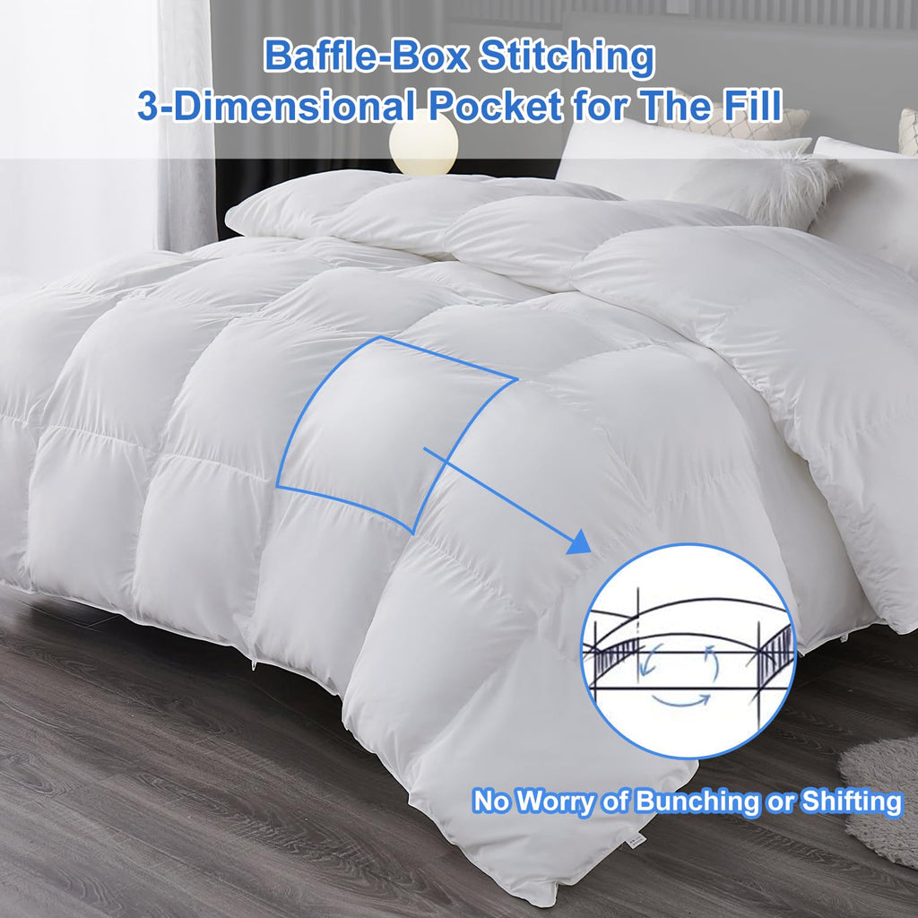Fluffy Down Alternative Comforter, All Season Duvet Insert Lightweight Bed Comforter Insert White Baffle Box Stitched