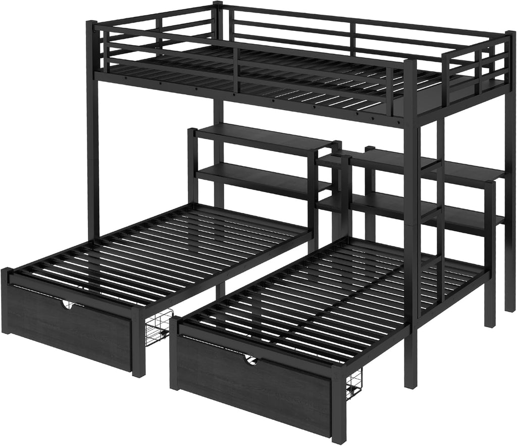 Heavy Duty Triple Bunk Bed with Storage Drawers, Shelves, Triple Bed with Charging Station