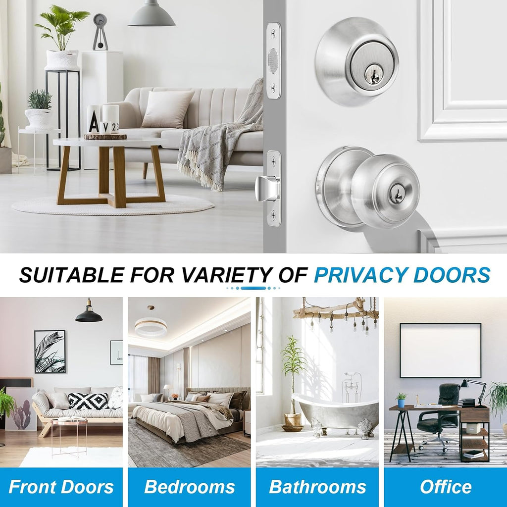4 Pack Exterior Door Lock Set, Satin Nickel Door Knob and Deadbolt Combo Set, Keyed Alike Entry Door Knobs with
