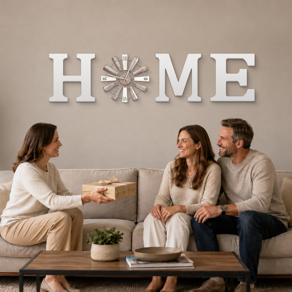 Farmhouse Home Signs with Windmill Clock Wall Decor Rustic Home Letters Wall Art Kitchen Entryway Dining Room Bedroom