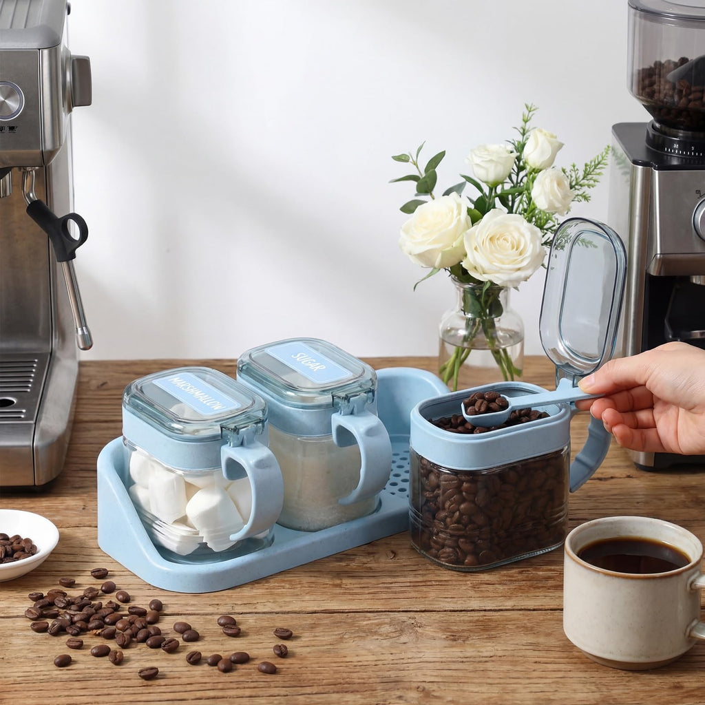 3 Pcs Sugar Coffee Container Set 16 oz Glass, Nordic Blue