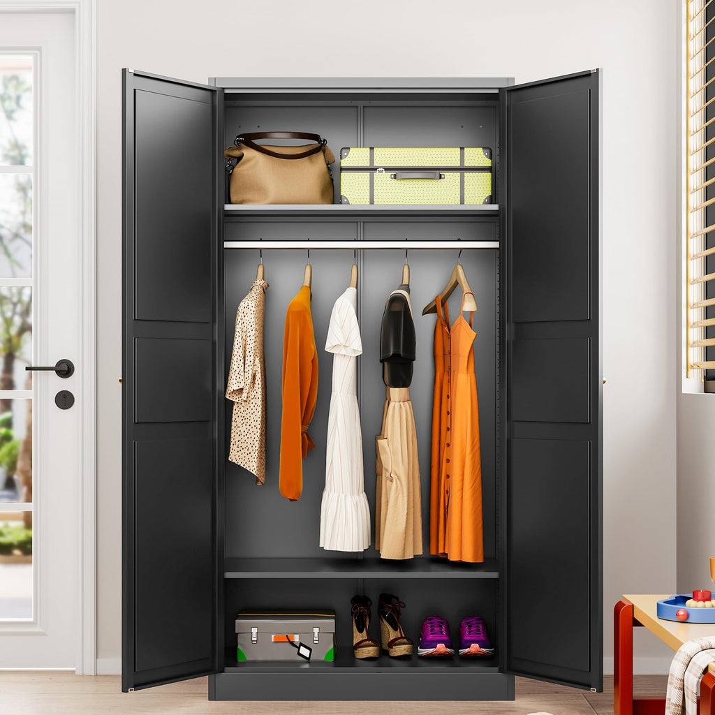 Metal Wardrobe Cabinet with Hanging Rod, Black Armoire Wardrobe Closet, Metal Clothing Storage Cabinet with Adjustable