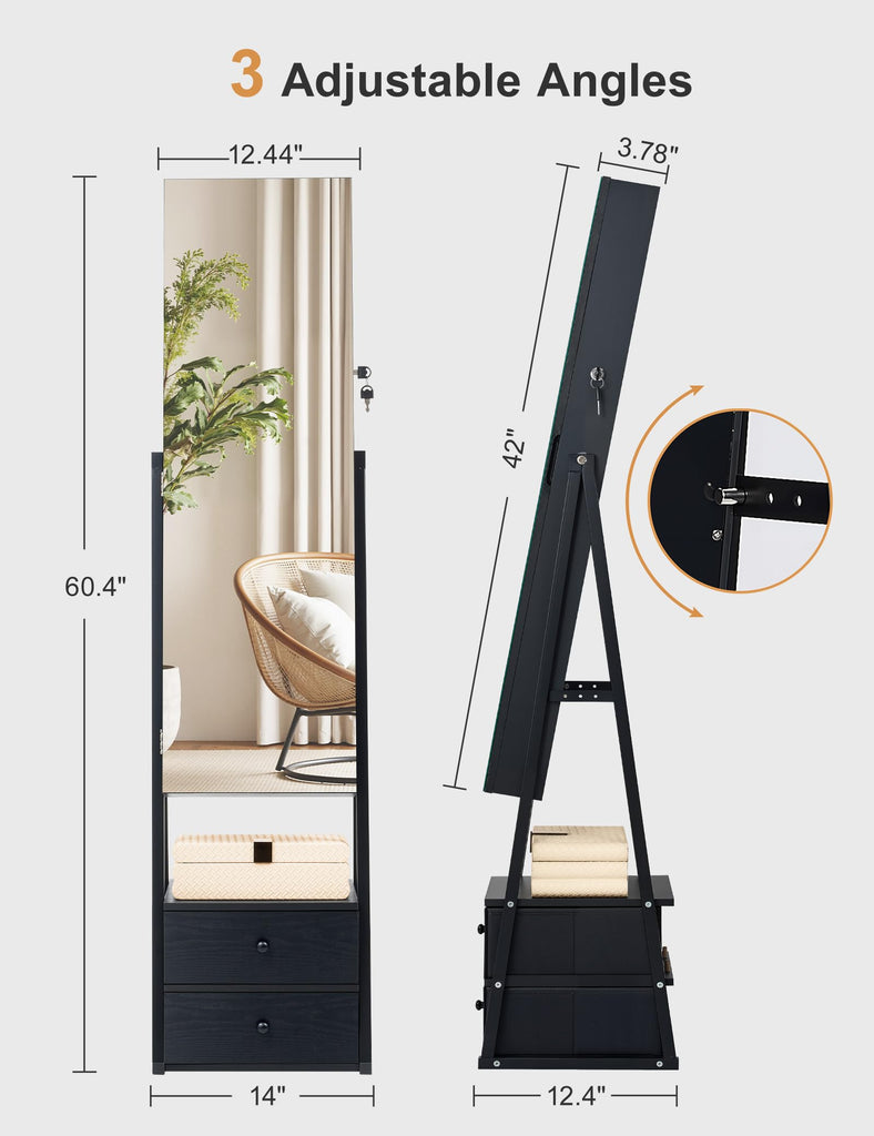 Jewelry Cabinet Armoire, 2 Drawers, Full Length Mirror, Black