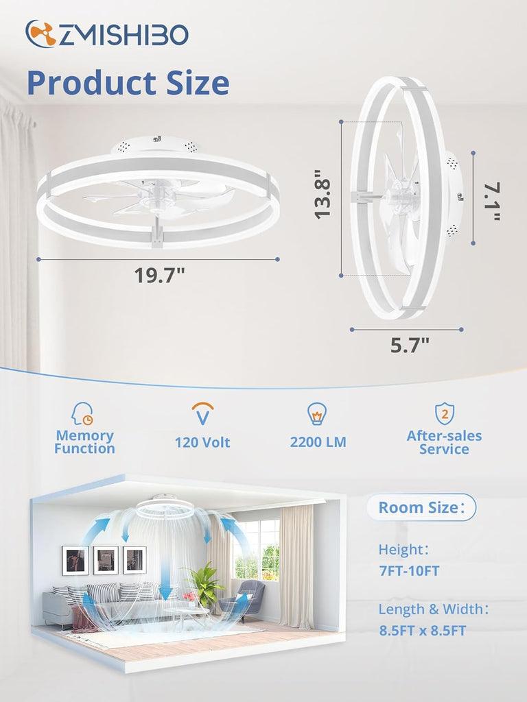 Ceiling Fans with Lights and Remote, 19.7'' Low Profile Ceiling Fan, 3000-6000K Dimmable Modern Flush Mount LED Fan Light, 6 Wind Speeds, White Fandelier Ceiling Fans for Bedroom A101-B0DBHC6FNR