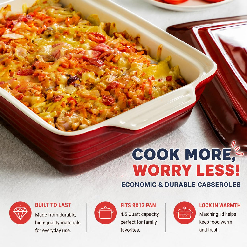 4.5 Quart Ceramic Casserole Dish with Lid - Oven, Microwave & Dishwasher Safe Bakeware for Family Meals, Lasagna