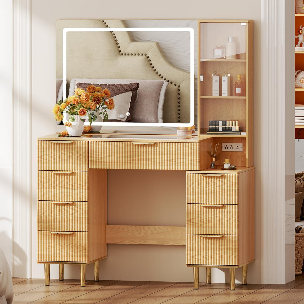 Modern Vanity Desk with 31.5" Mirror and Lights,Makeup Vanity Table with 8 Drawers,Makeup Desk with Power