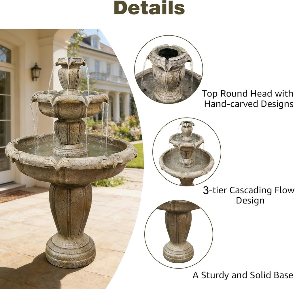 48" Water Fountain Outdoor - Large Waterfall Fountain Outside, 3-Tiers Cascading, Fiber Reinforced Concrete