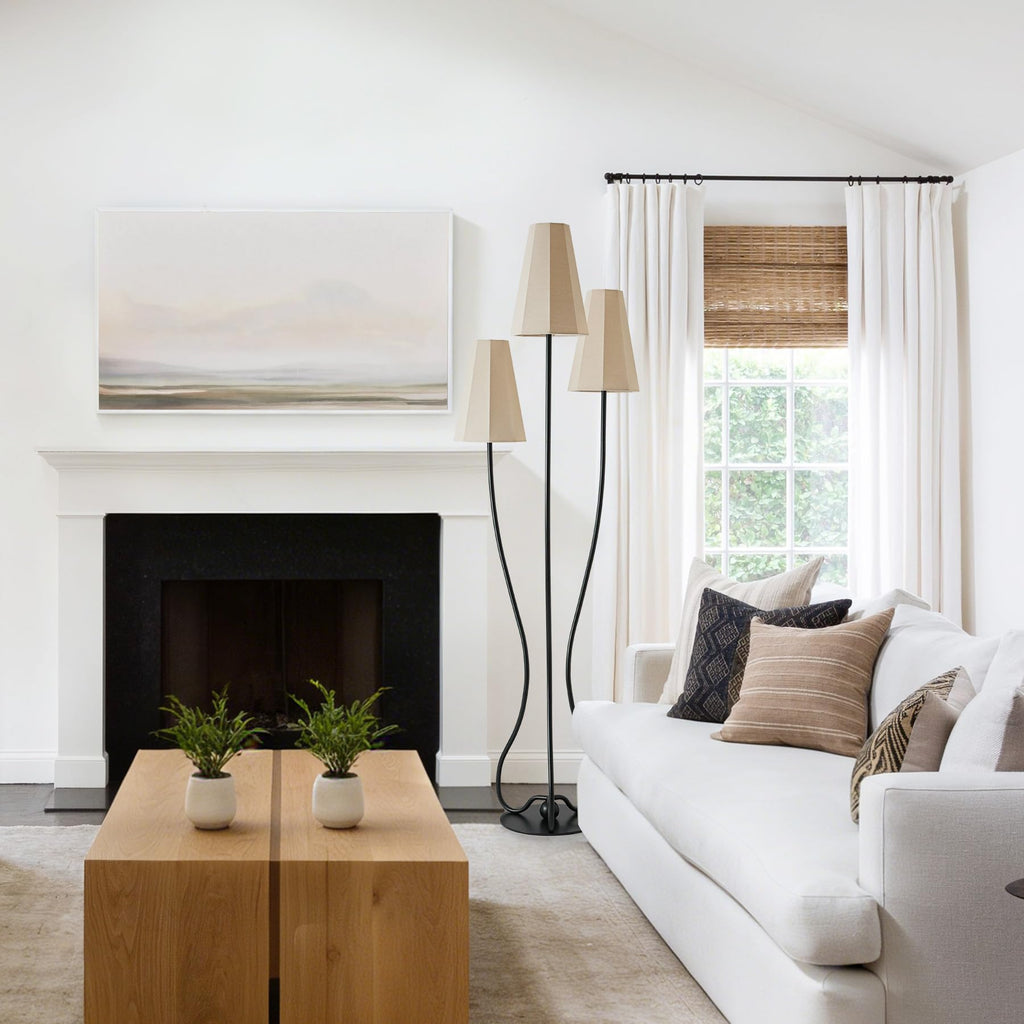 Artistic Vintage Floor Lamp, 3-Light Standing Lamps with Sculptural Curved Iron Base & Octagonal Linen Shades