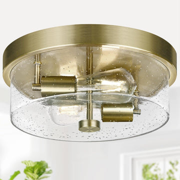 Flush Mount Ceiling Light Fixtures, 2-Light Brass Ceiling Mount for Farmhouse with Seeded Glass Lampshade, Industrial