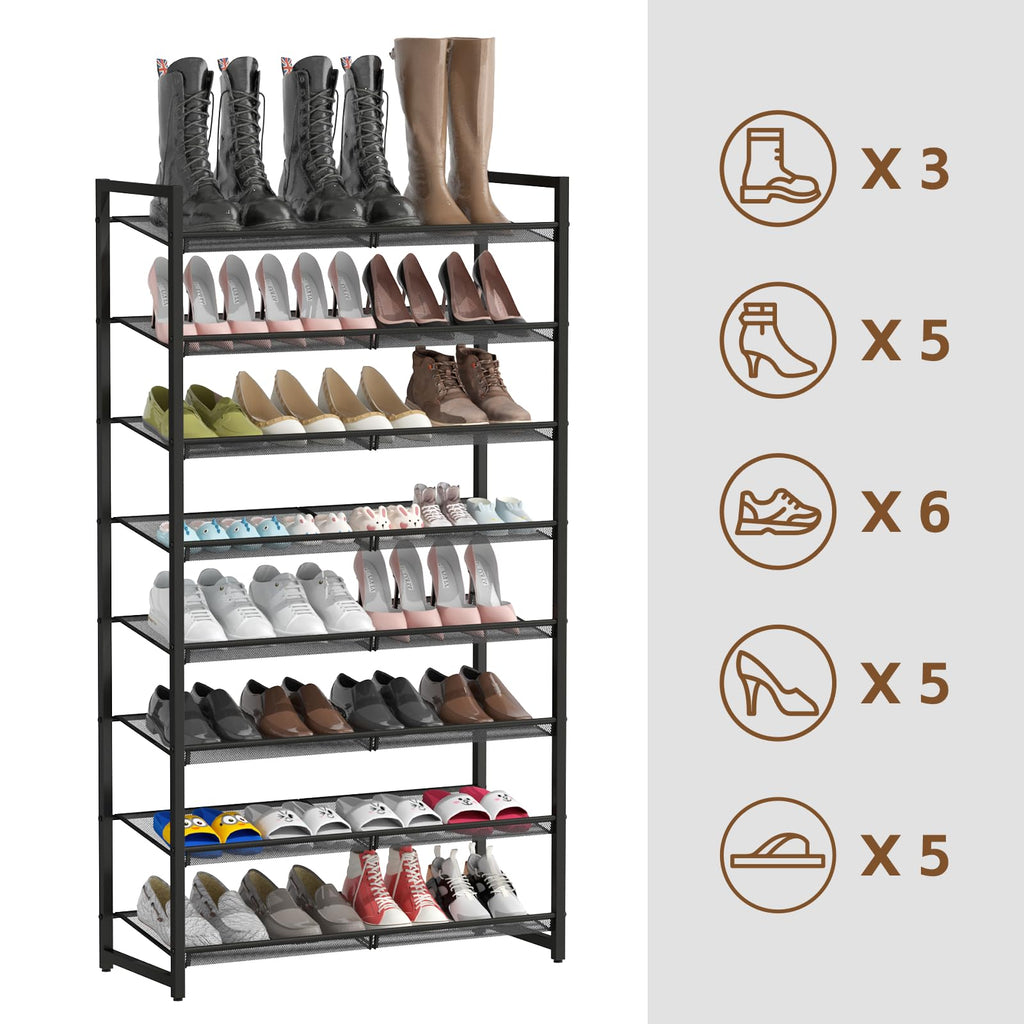 Shoe Rack, 8-Tier Metal Shoe Organizer, Tall Shoe Rack for Closet, entryway, Garage, with Adjustable Flat or Angled