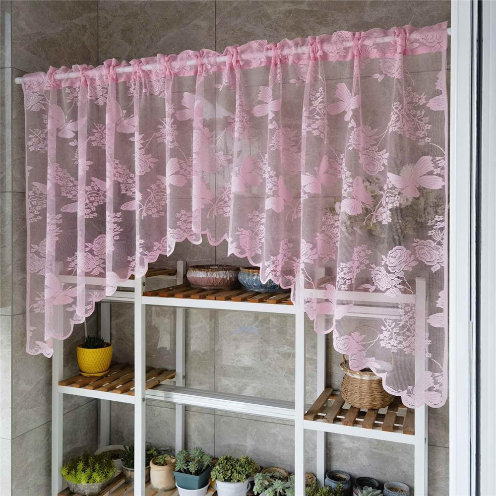 2 Panels Pink Butterfly Embroidery Arched Lace Sheer Curtain Valance