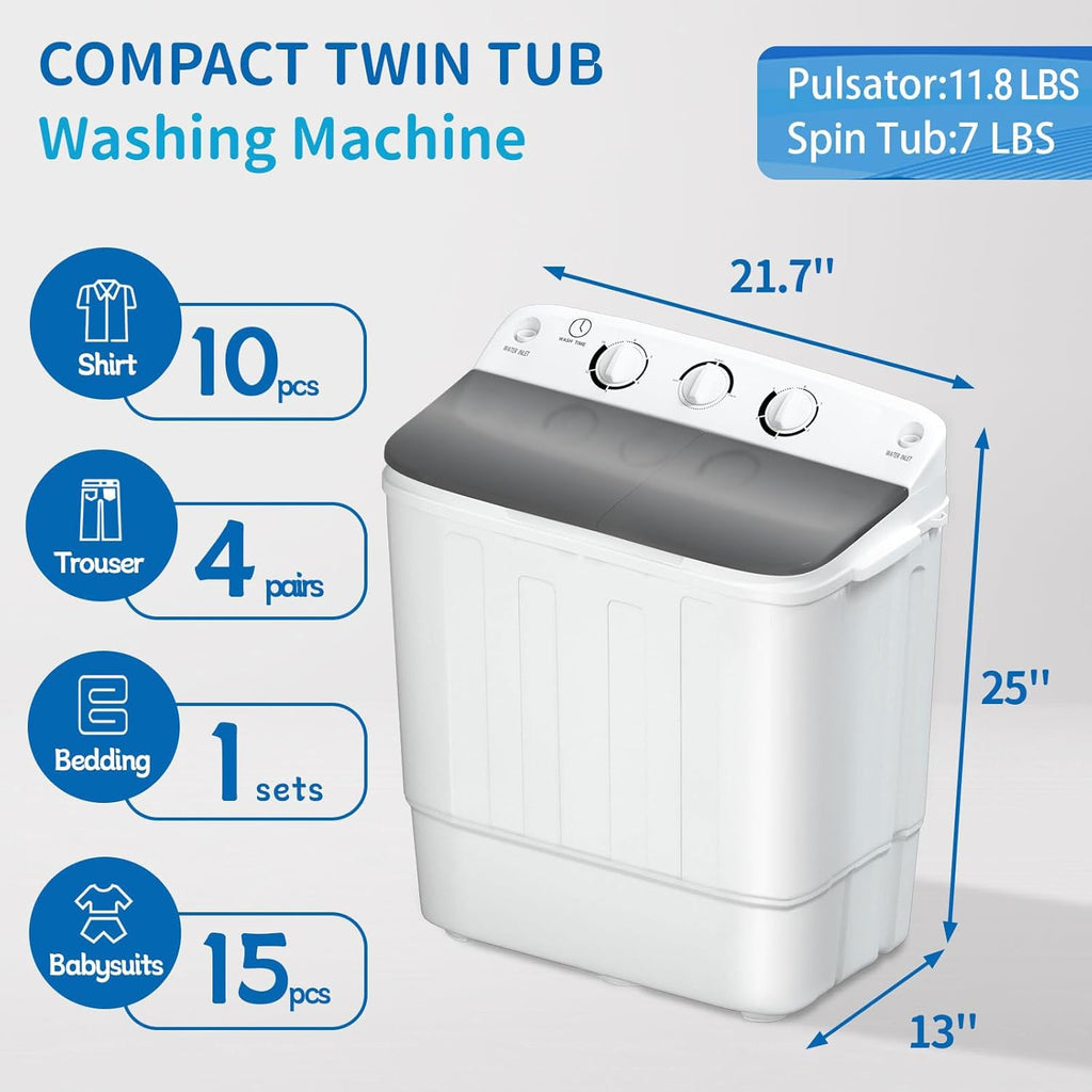 Portable Twin Tub 18.8lbs Washing Machine with Drying Rack and 10 Hangers, 11.8lbs Washer Mini Compact Laundry Machine