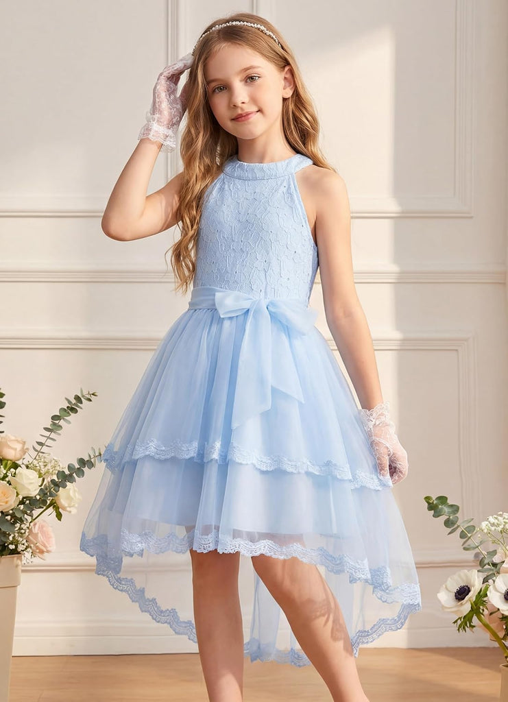 Flower Girl Dress Kids Wedding Guest Birthday Party Formal Lace Tulle Princess High Low Dresses 5
