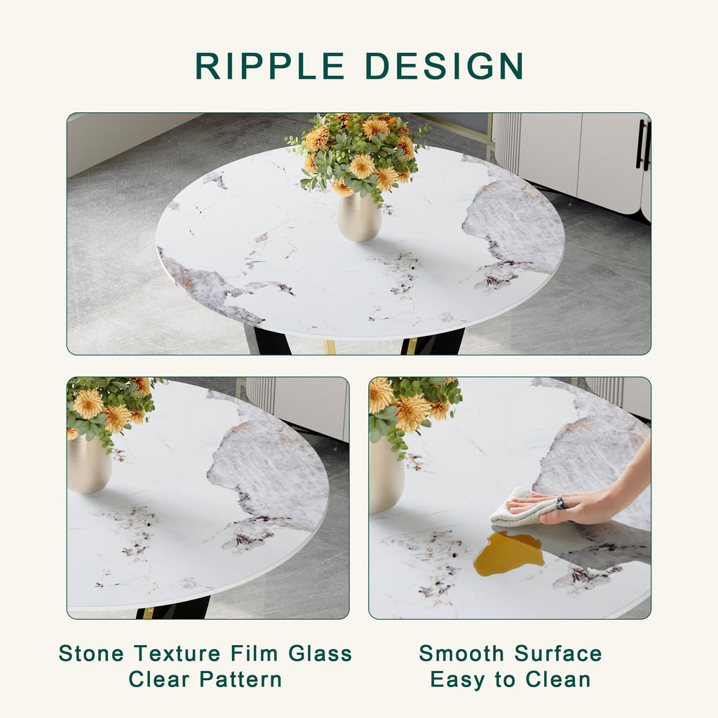 42 Inch Round Faux Marble Dining Table for 4, Modern Small Kitchen Table with Black Pedestal Base, Space Saving