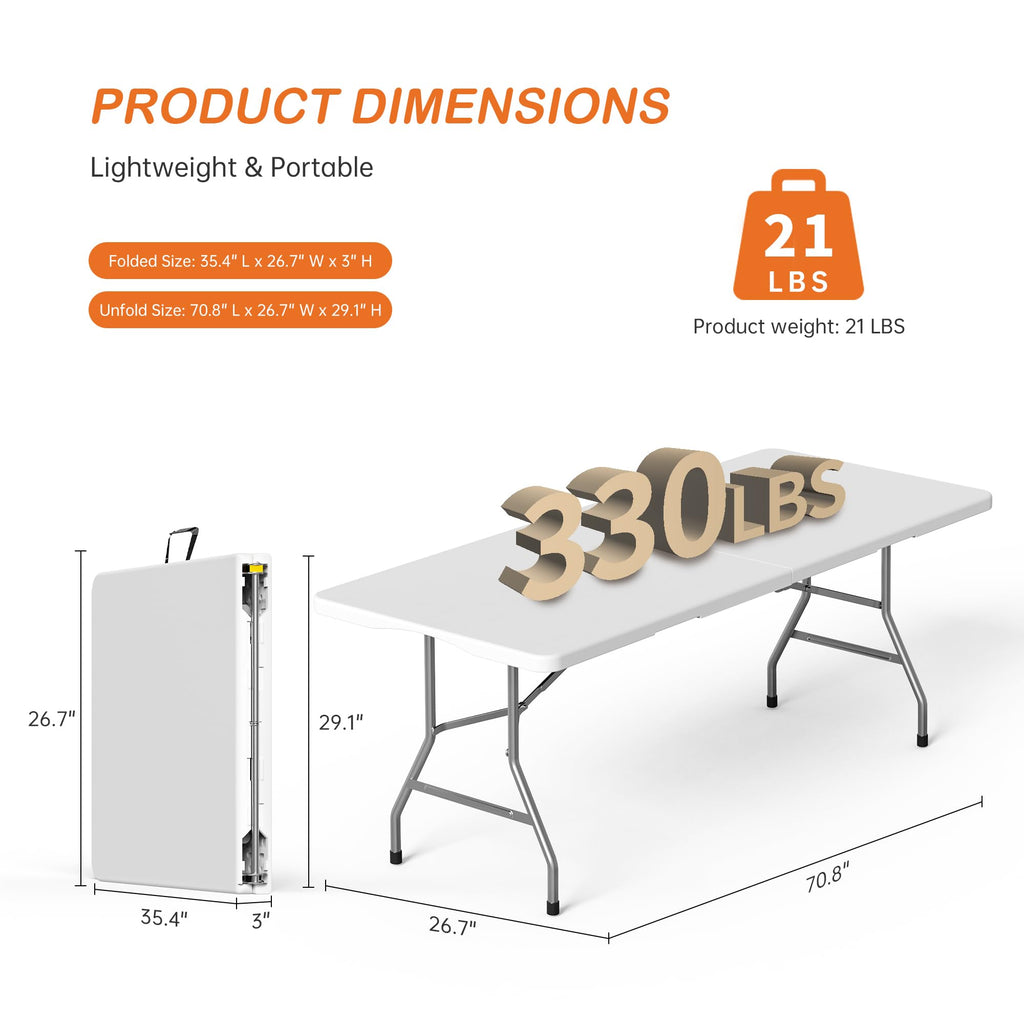 6 Foot Folding Table 2 Pack, 6 FT Foldable Plastic Table Heavy Duty