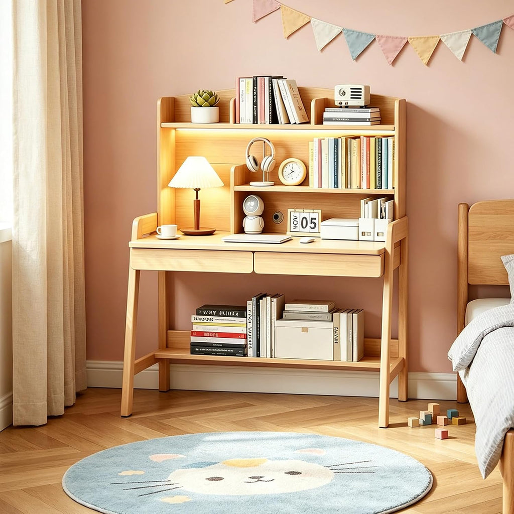 Kids Study Desk with Hutch and Storage Drawers, Level Height Adjustable Children's Writing Table, Solid Wood Kids &