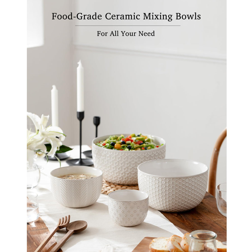 Ceramic Mixing Bowls, Embossed Nesting Bowls Set of 4, Mixing Bowl Set for Serving, Baking, Cooking and Gift