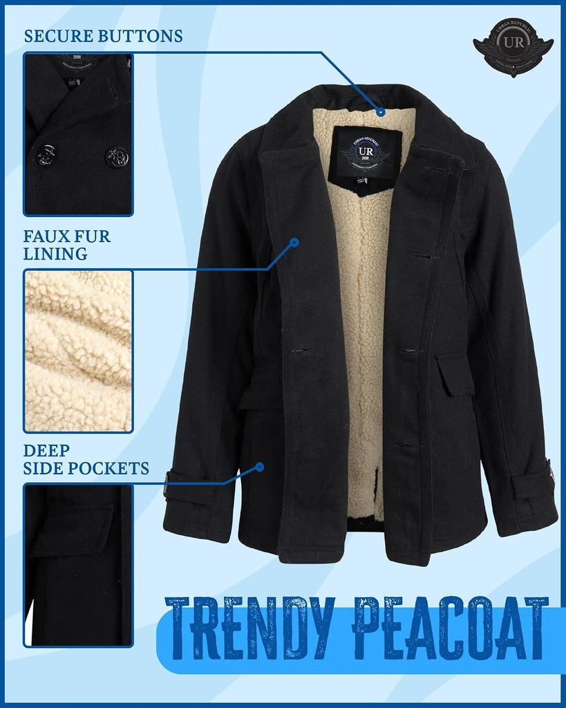 Boys Peacoats - Double Breasted Wool Blend Dress Coat with Faux Fur Lining & Flap Pockets