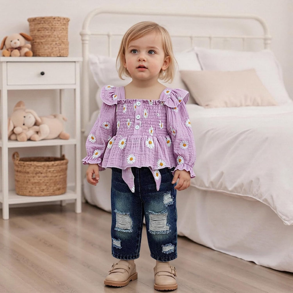 Toddler Baby Girl Clothes Linen Smocked Daisy Flutter Top Jeans Denim Pants Set Little Girls Fall Winter Ruffle Outfit
