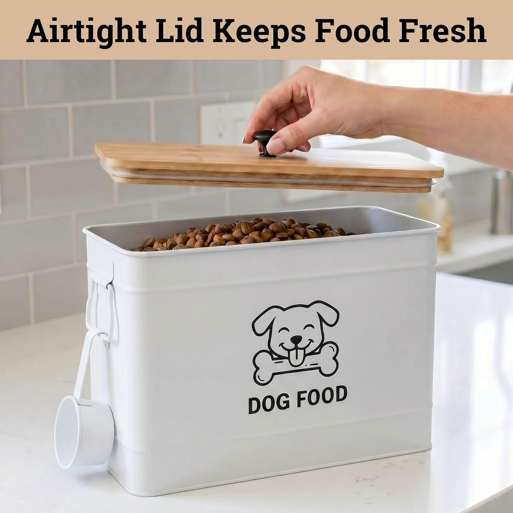 Metal Dog Food Container 15-20 lbs w/ Airtight Bamboo Lid, 70 Cup Capacity
