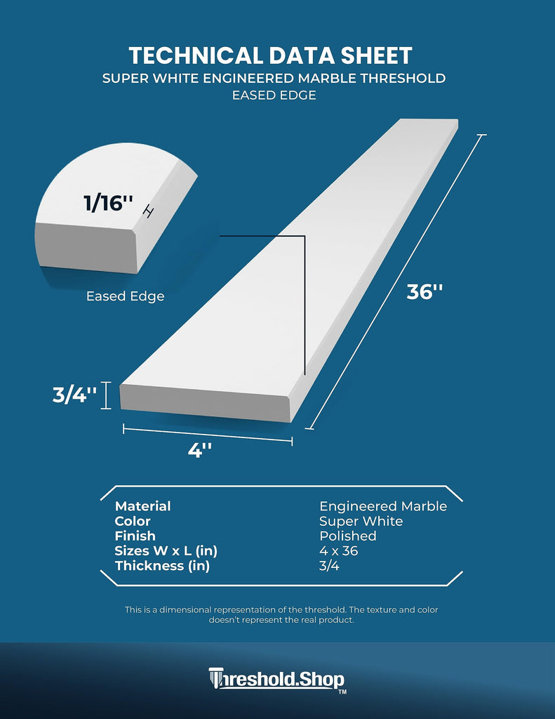 Super White Engineered Marble Threshold for Shower Curb, Bathroom Vanity Backsplash, Window Sill (4" x 36")