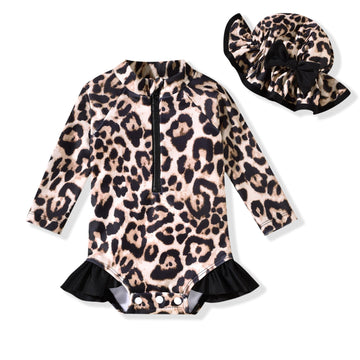 Infant Baby Girls One Piece Long Sleeve Swimsuit Cheetah Leopard Bathing Suit Zip Up Swimwear Beach Wear