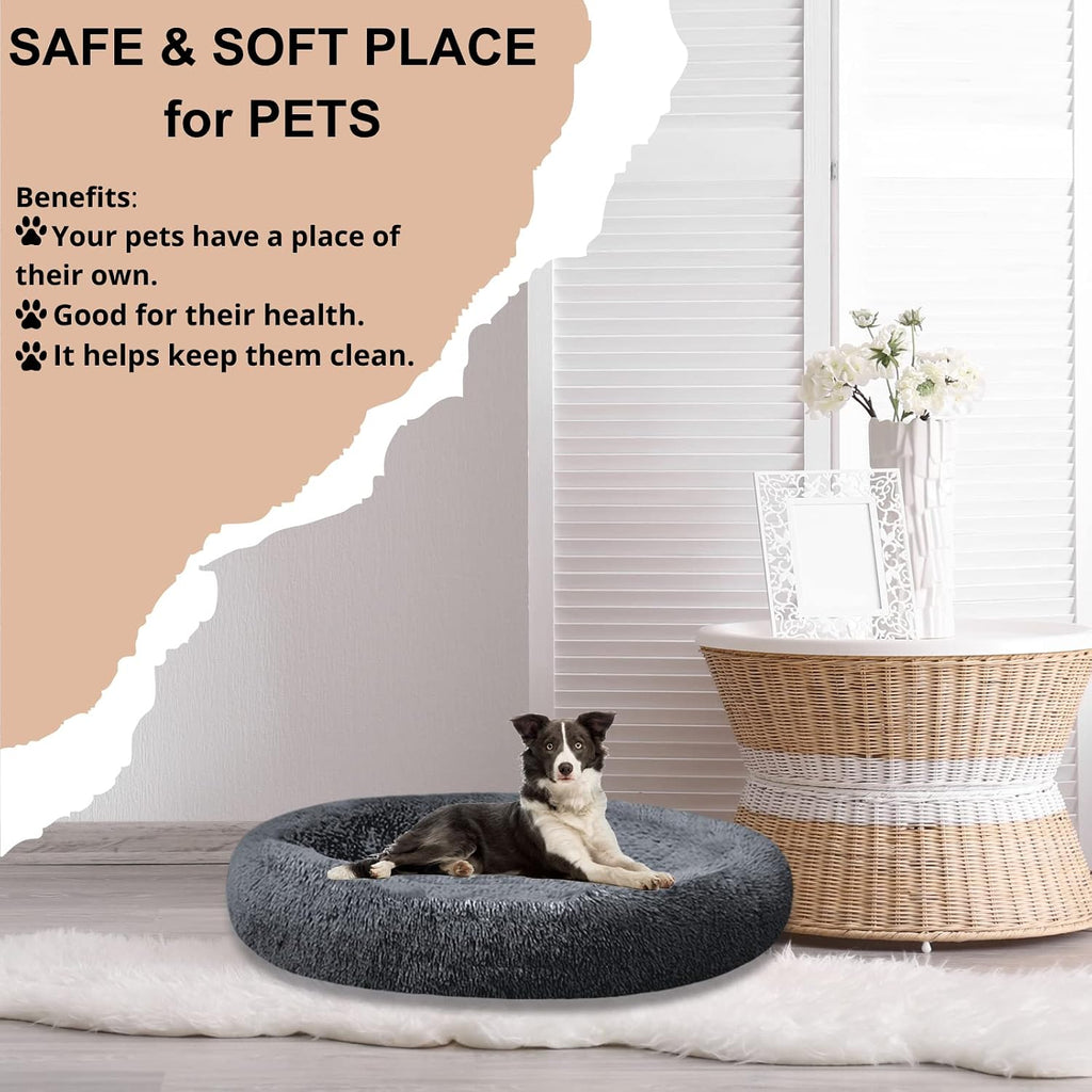 Calming Donut Dog Bed - 3X Durable Plush Faux Fur, Machine Washable & Non-Slip, Fits up to 210 lbs