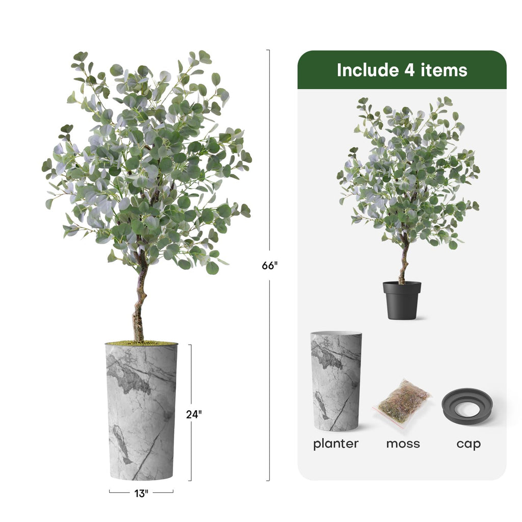 Artificial Tree in Gray Marble Effect Planter, Fake Eucalyptus Silk Tree for Indoor and Outdoor Home Decoration - 66"