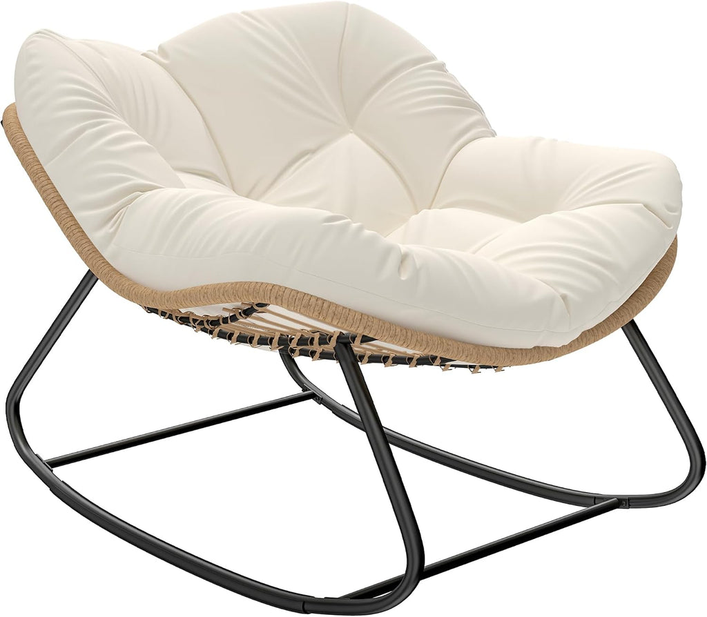 Papasan Rocking Chair Oversized Indoor Outdoor Cushion Beige | Wicker, PE Rattan, Outdoor Rocker Egg Chairs, Living